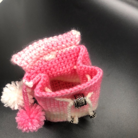 Bubblegum Pink & White Crochet Mini Backpack Keychain w/ Pom Poms, Heart Button - Picture 5 of 14